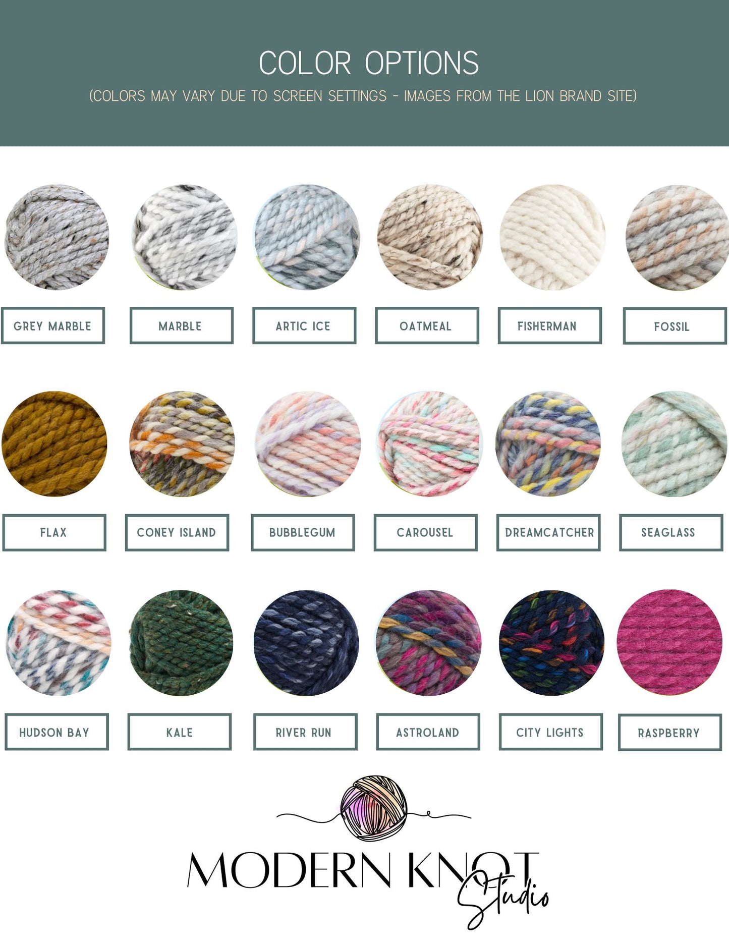 Color options for yarn with brand name 'Modern Knot Studio' at the bottom.