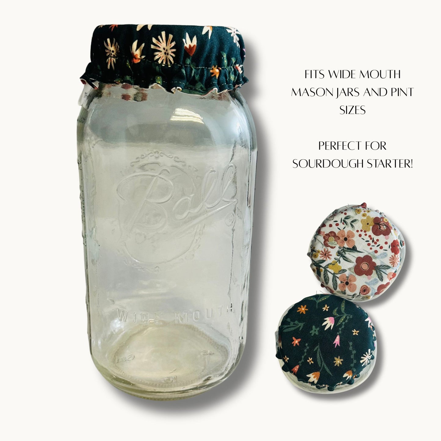 Glass mason jar with floral-patterned lid on a white background