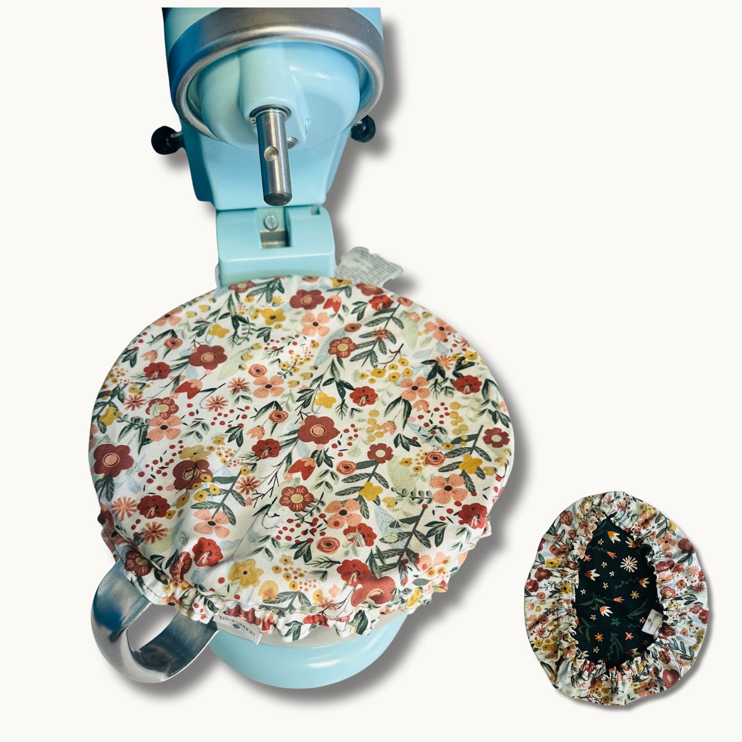 Floral-patterned lid on a blue stand with a close-up inset of the pattern.
