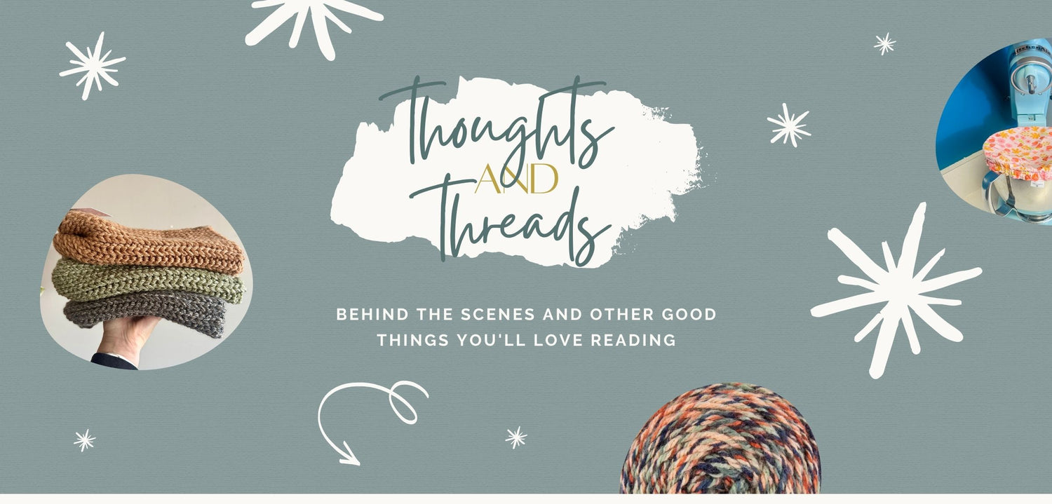 Promotional graphic with text 'Thoughts and Threads' and images of crochet hats on a gray background with star decorations.