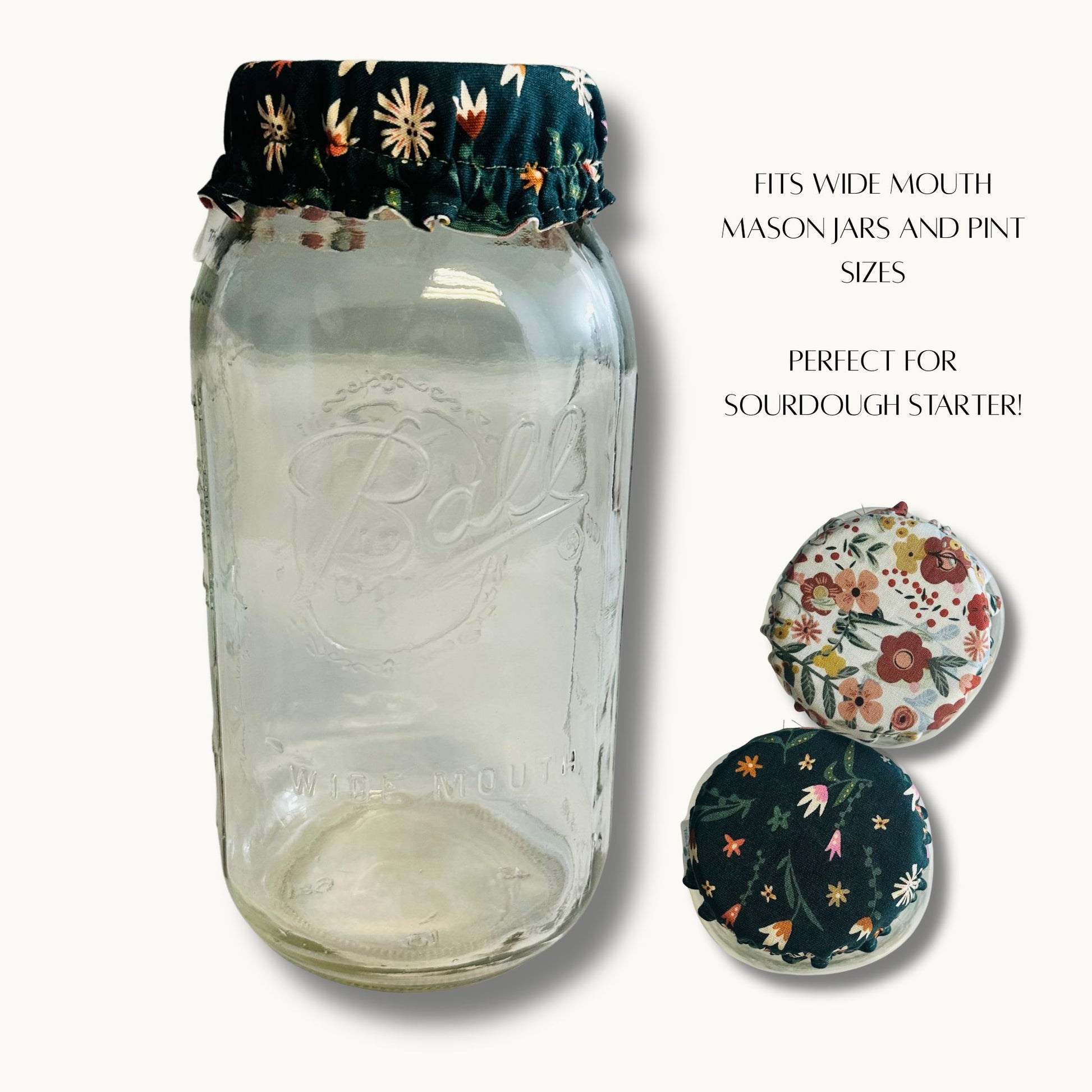 Glass mason jar with floral-patterned lid on a white background