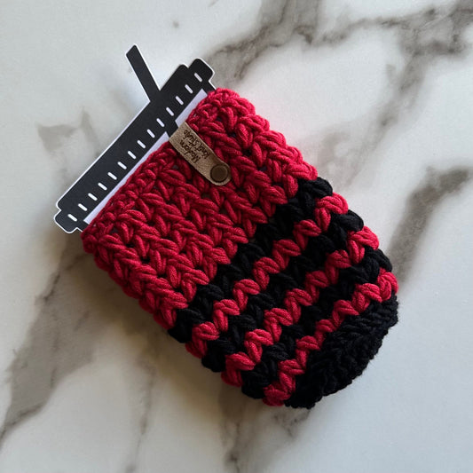 reusable coffee cozy, iced or hot drink, drink cozy , teacher gift, iced coffee cozy, cold brew sleeve | red black striped